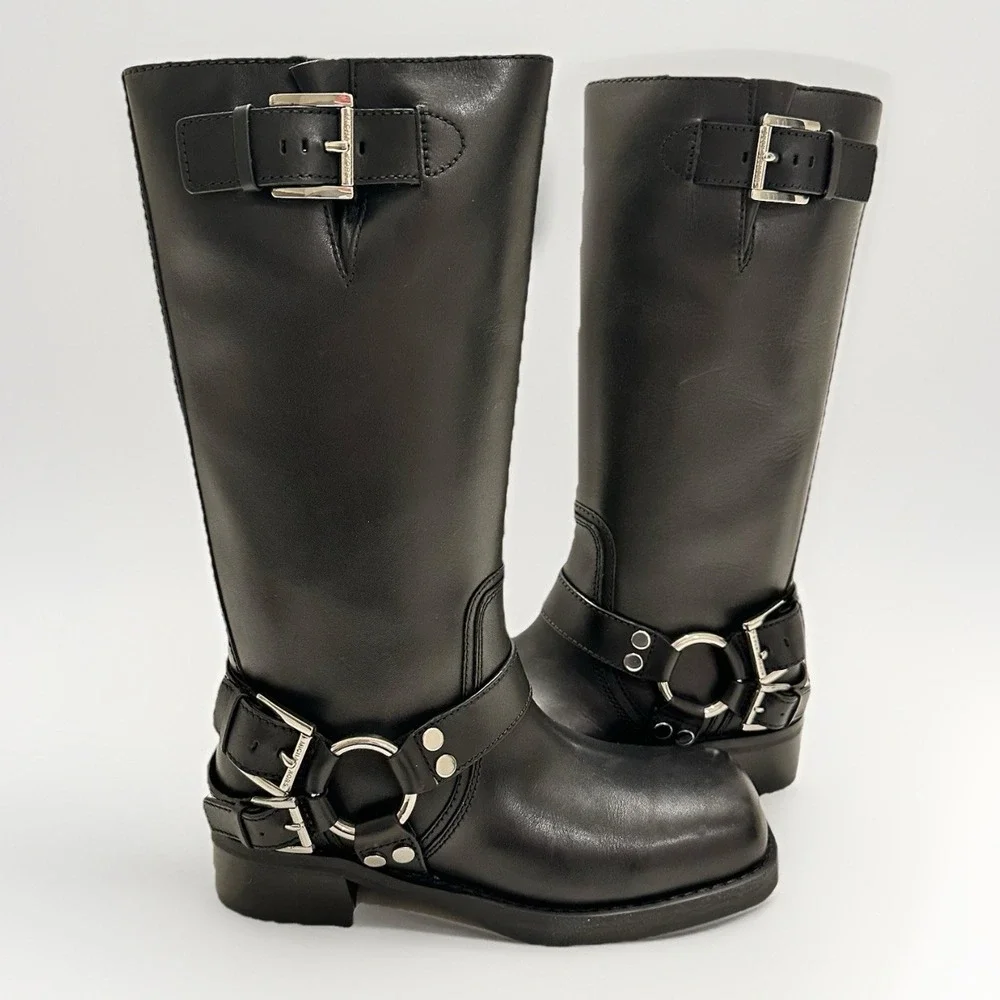Michael Kors Crosby Moto Boots In Black Size 5.5 Leather Silver Accents with Box - Picture 2 of 12